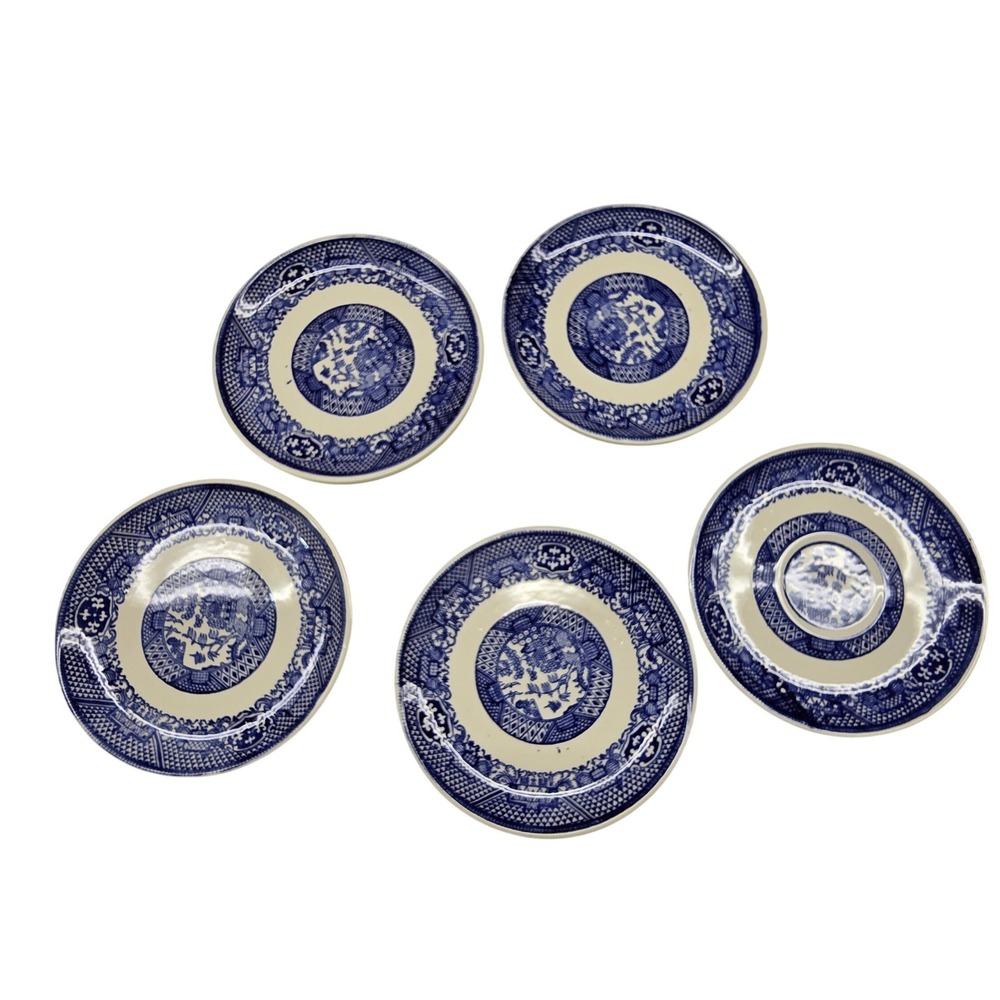 Vintage Willow Pattern Saucers Set of 5 Blue White 6in Chinoiserie Tea No Cups